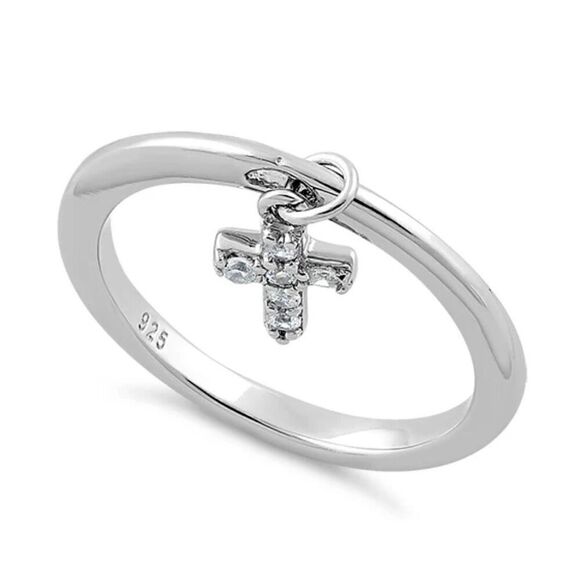 New Sterling Silver Dangling Cross CZ Ring New - Picture 2 of 4
